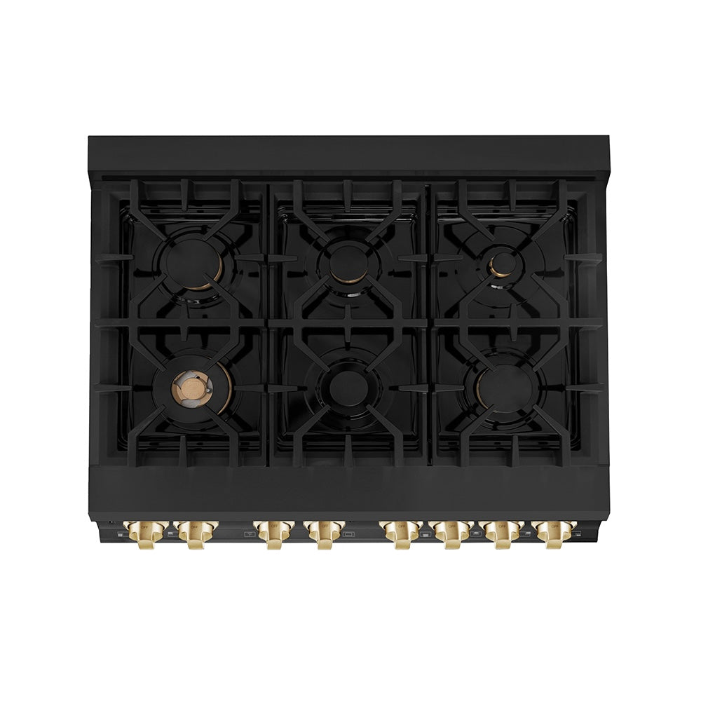 ZLINE Autograph Edition 36 in. 4.6 cu. ft. Legacy Dual Fuel Range with 6 Burner Gas Cooktop and Electric Convection Oven in Black Stainless Steel and Polished Gold Accents (RABZ-36-G) top-down, above cooktop.