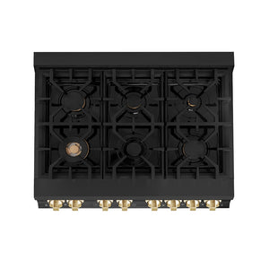 ZLINE Autograph Edition 36 in. 4.6 cu. ft. Legacy Dual Fuel Range with 6 Burner Gas Cooktop and Electric Convection Oven in Black Stainless Steel and Polished Gold Accents (RABZ-36-G) top-down, above cooktop.