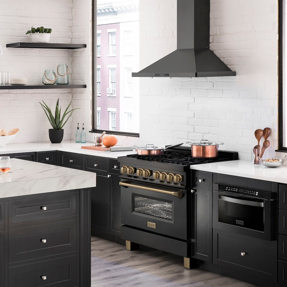 Modern kitchen withZLINE Autograph Edition 36 in. 4.6 cu. ft. Legacy Dual Fuel Range with 6 Burner Gas Cooktop and Electric Convection Oven in Black Stainless Steel and Champagne Bronze Accents (RABZ-36-CB) and white countertops
