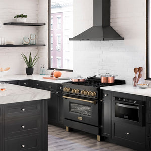 Modern kitchen withZLINE Autograph Edition 36 in. 4.6 cu. ft. Legacy Dual Fuel Range with 6 Burner Gas Cooktop and Electric Convection Oven in Black Stainless Steel and Champagne Bronze Accents (RABZ-36-CB) and white countertops