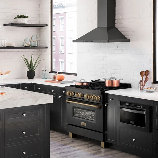 Modern kitchen withZLINE Autograph Edition 36 in. 4.6 cu. ft. Legacy Dual Fuel Range with 6 Burner Gas Cooktop and Electric Convection Oven in Black Stainless Steel and Champagne Bronze Accents (RABZ-36-CB) and white countertops