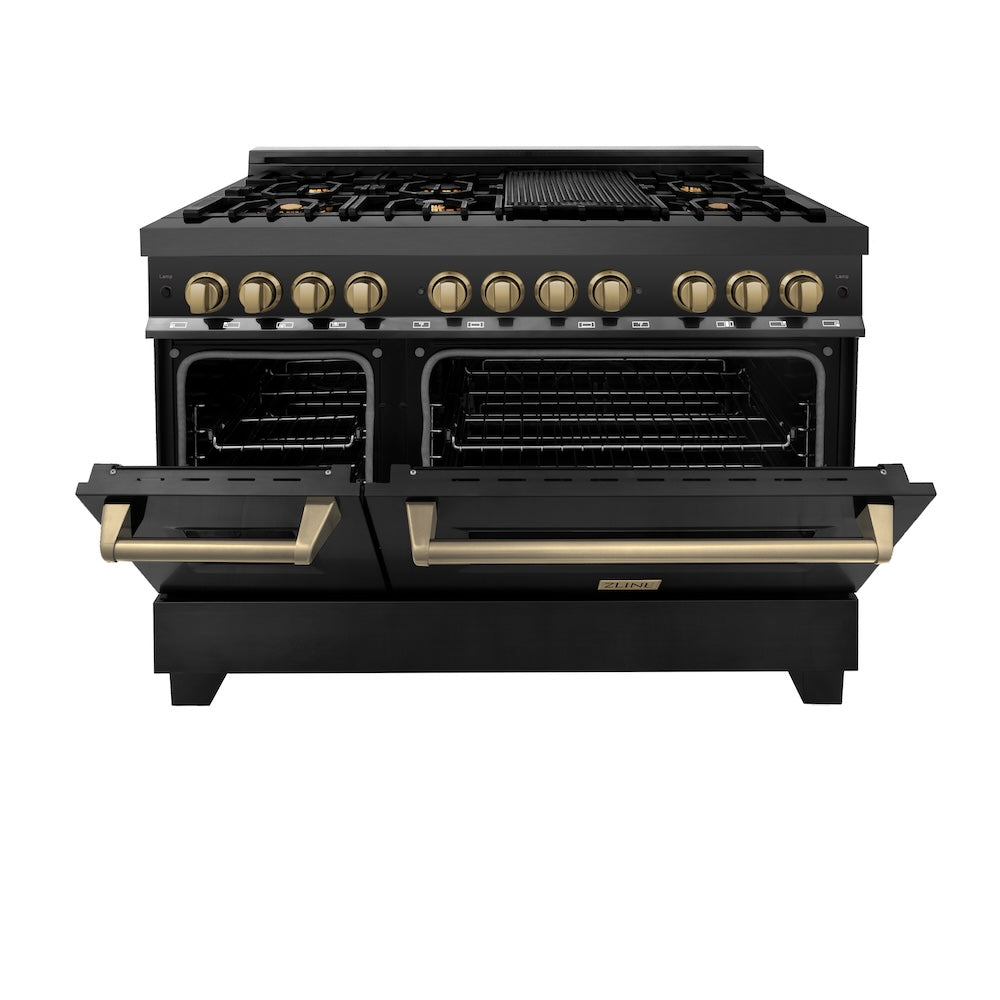 ZLINE Autograph Edition 48 in. 6.0 cu. ft. Legacy Dual Fuel Range with 7 Burner Gas Cooktop and 2 Electric Ovens in Black Stainless Steel and Champagne Bronze Accents (RABZ-48-CB) front, oven half open.