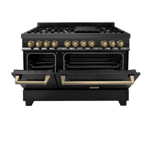 ZLINE Autograph Edition 48 in. 6.0 cu. ft. Legacy Dual Fuel Range with 7 Burner Gas Cooktop and 2 Electric Ovens in Black Stainless Steel and Champagne Bronze Accents (RABZ-48-CB) front, oven half open.