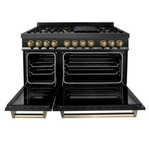 ZLINE Autograph Edition 48 in. 6.0 cu. ft. Legacy Dual Fuel Range with 7 Burner Gas Cooktop and 2 Electric Ovens in Black Stainless Steel and Champagne Bronze Accents (RABZ-48-CB) front, oven open.