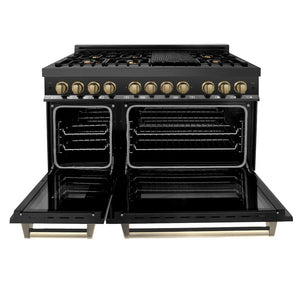 ZLINE Autograph Edition 48 in. 6.0 cu. ft. Legacy Dual Fuel Range with 7 Burner Gas Cooktop and 2 Electric Ovens in Black Stainless Steel and Champagne Bronze Accents (RABZ-48-CB) front, oven open.