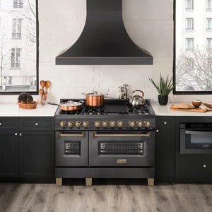 Modern kitchen with a ZLINE Autograph Edition 48 in. 6.0 cu. ft. Legacy Dual Fuel Range with 7 Burner Gas Cooktop and 2 Electric Ovens in Black Stainless Steel and Champagne Bronze Accents (RABZ-48-CB)