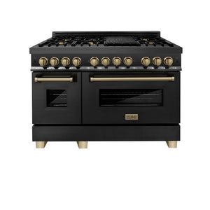 ZLINE Autograph Edition 48 in. 6.0 cu. ft. Legacy Dual Fuel Range with 7 Burner Gas Cooktop and 2 Electric Ovens in Black Stainless Steel and Champagne Bronze Accents (RABZ-48-CB) front, oven closed.
