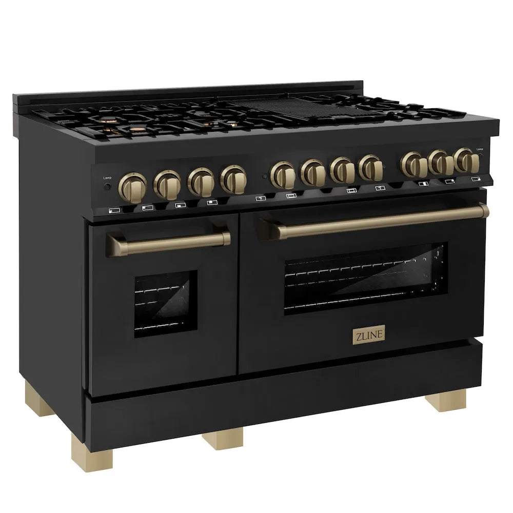ZLINE Autograph Edition 48 in. 6.0 cu. ft. Legacy Dual Fuel Range with 7 Burner Gas Cooktop and 2 Electric Ovens in Black Stainless Steel and Champagne Bronze Accents (RABZ-48-CB) main image.