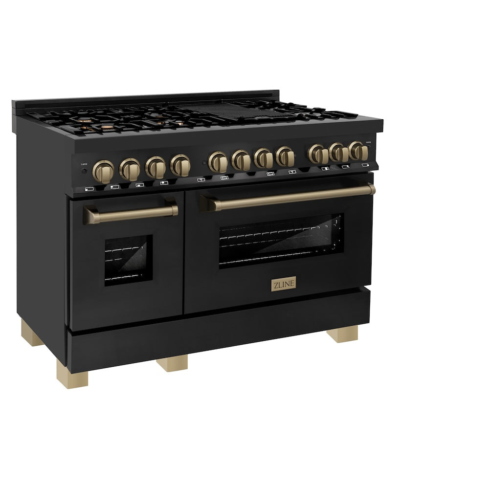 ZLINE Autograph Edition 48 in. 6.0 cu. ft. Legacy Dual Fuel Range with 7 Burner Gas Cooktop and 2 Electric Ovens in Black Stainless Steel and Champagne Bronze Accents (RABZ-48-CB) side.