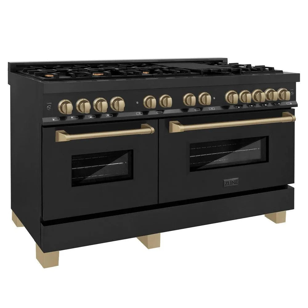 ZLINE Autograph Edition 60 in. 7.4 cu. ft. Legacy Dual Fuel Range with 9 Burner Gas Cooktop and 2 Electric Convection Ovens in Black Stainless Steel and Champagne Bronze Accents (RABZ-60-CB) main image.