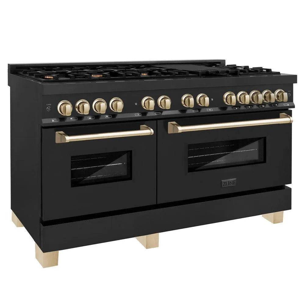 ZLINE Autograph Edition 60 in. 7.4 cu. ft. Legacy Dual Fuel Range with 9 Burner Gas Cooktop and 2 Electric Convection Ovens in Black Stainless Steel and Polished Gold Accents (RABZ-60-G) main image.