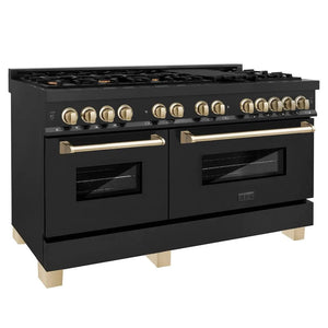 ZLINE Autograph Edition 60 in. 7.4 cu. ft. Legacy Dual Fuel Range with 9 Burner Gas Cooktop and 2 Electric Convection Ovens in Black Stainless Steel and Polished Gold Accents (RABZ-60-G) main image.