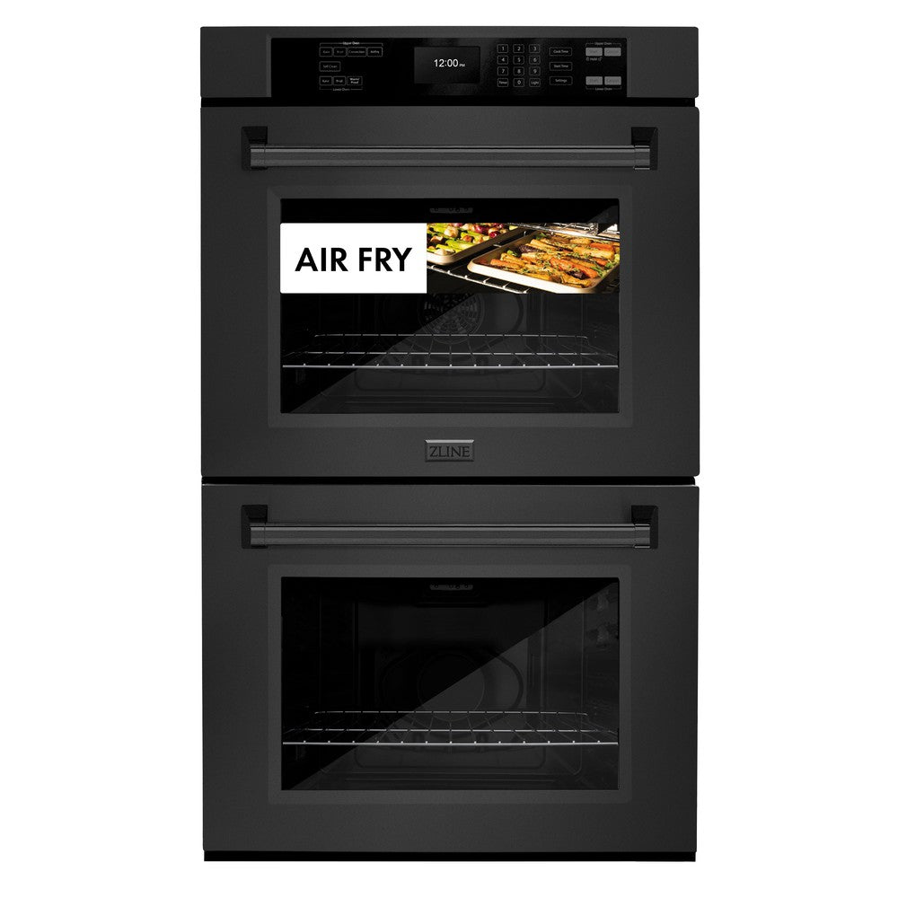 ZLINE 30 in. Professional True Convection Double Wall Oven with Air Fry and Self Clean in Black Stainless Steel (WADB-30) front, closed, with food cooking by air fry.