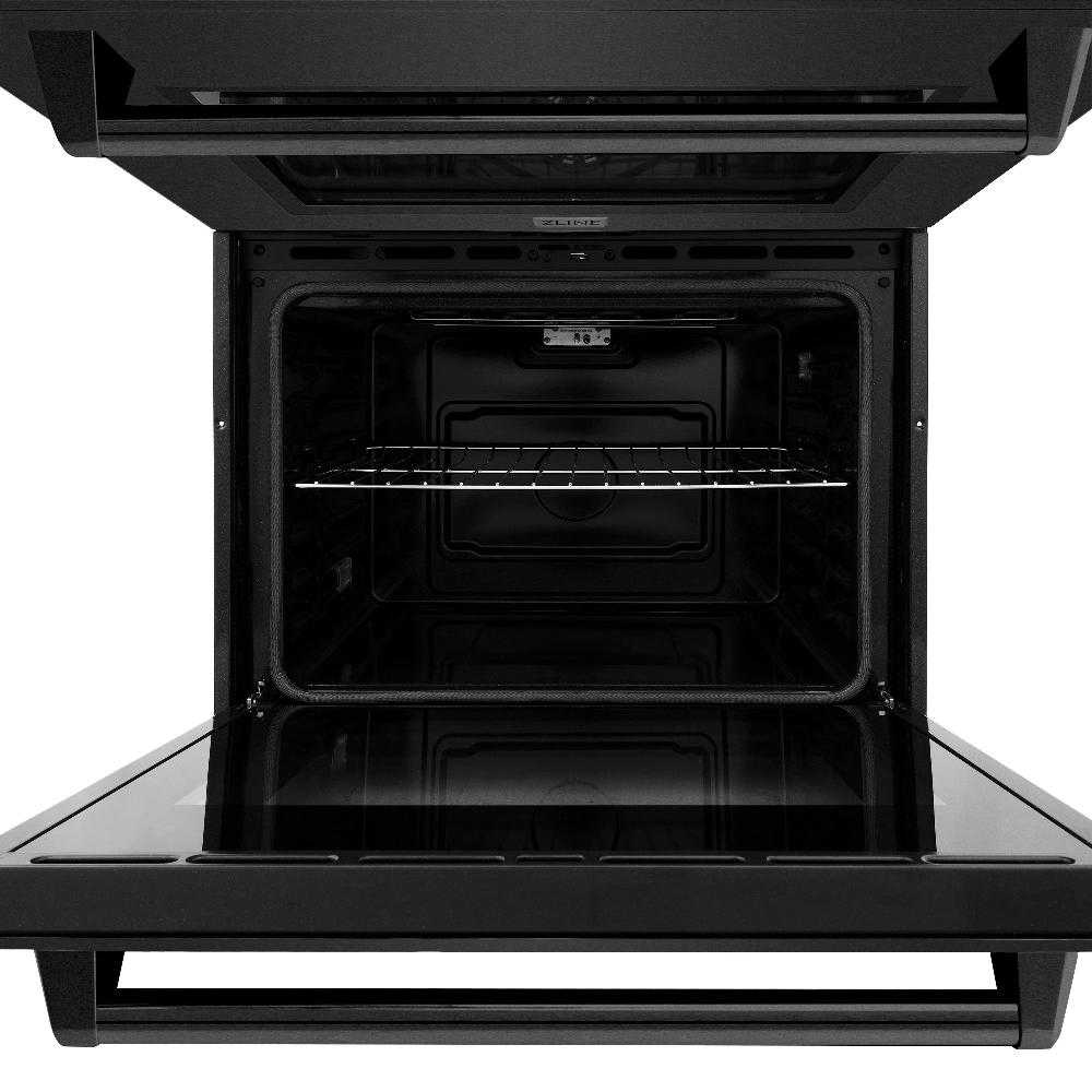 ZLINE 30 in. Professional True Convection Double Wall Oven with Air Fry and Self Clean in Black Stainless Steel (WADB-30) front, close-up bottom oven open.