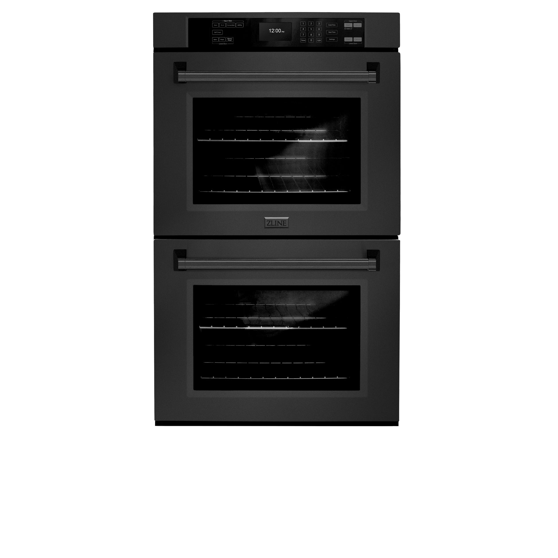 ZLINE 30 in. Professional True Convection Double Wall Oven with Air Fry and Self Clean in Black Stainless Steel (WADB-30) front, closed.