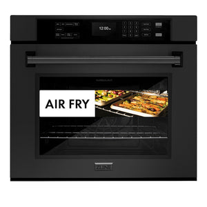 ZLINE 30 in. Professional True Convection Single Wall Oven with Air Fry and Self Clean in Black Stainless Steel (WASB-30) front, closed with food inside. Text: Air Fry