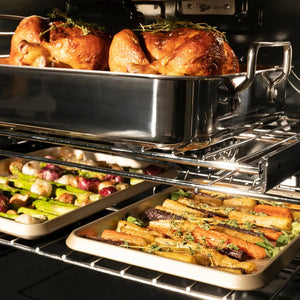ZLINE 30 in. Professional True Convection Single Wall Oven with Air Fry and Self Clean in Black Stainless Steel (WASB-30) close-up detail, food inside oven.