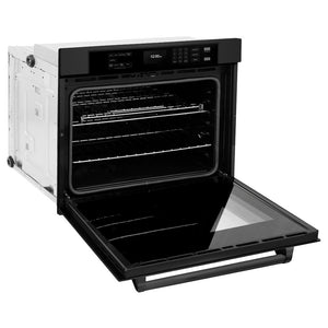 ZLINE 30 in. Professional True Convection Single Wall Oven with Air Fry and Self Clean in Black Stainless Steel (WASB-30) side, open.