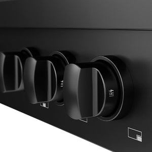 ZLINE 36 in. Paramount Gas Rangetop with 6 Burner DuoPro™ Cooktop in Black Satin Stainless Steel (PSRTBS-36) close-up black matte control knobs.