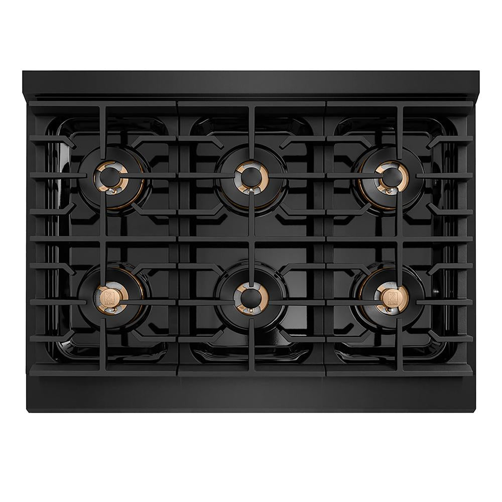ZLINE 36 in. Paramount Gas Rangetop with 6 Burner DuoPro™ Cooktop in Black Satin Stainless Steel (PSRTBS-36) top-down, above cooktop.