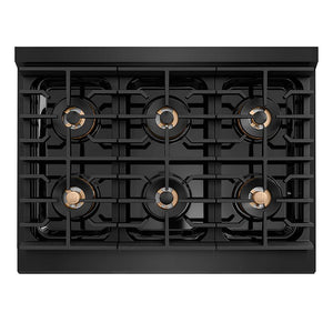 ZLINE 36 in. Paramount Gas Rangetop with 6 Burner DuoPro™ Cooktop in Black Satin Stainless Steel (PSRTBS-36) top-down, above cooktop.