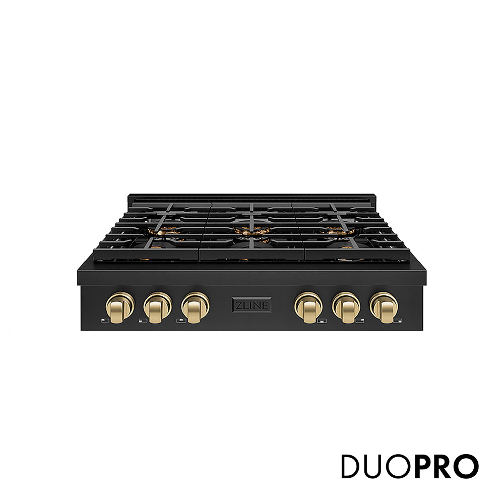 ZLINE Autograph Edition 36 in. Paramount Gas Rangetop with 6 Burner DuoPro™ Cooktop in Black Stainless Steel and Champagne Bronze Accents (PSRTBZ-36-CB)