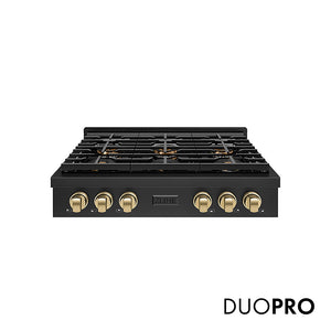 ZLINE Autograph Edition 36 in. Paramount Gas Rangetop with 6 Burner DuoPro™ Cooktop in Black Stainless Steel and Champagne Bronze Accents (PSRTBZ-36-CB)