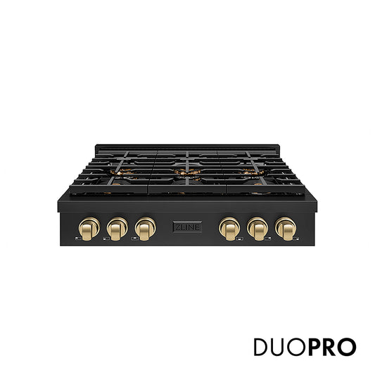ZLINE Autograph Edition 36 in. Paramount Gas Rangetop with 6 Burner DuoPro™ Cooktop in Black Stainless Steel and Champagne Bronze Accents (PSRTBZ-36-CB)
