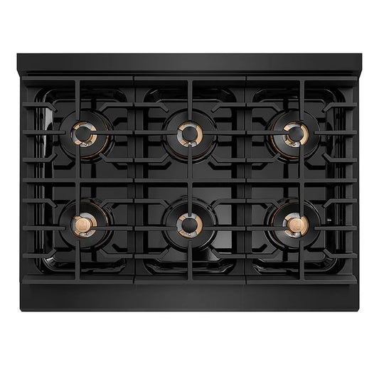 ZLINE Autograph Edition 36 in. Paramount Gas Rangetop with 6 Burner DuoPro™ Cooktop in Black Stainless Steel and Champagne Bronze Accents (PSRTBZ-36-CB) top-down, above cooktop.