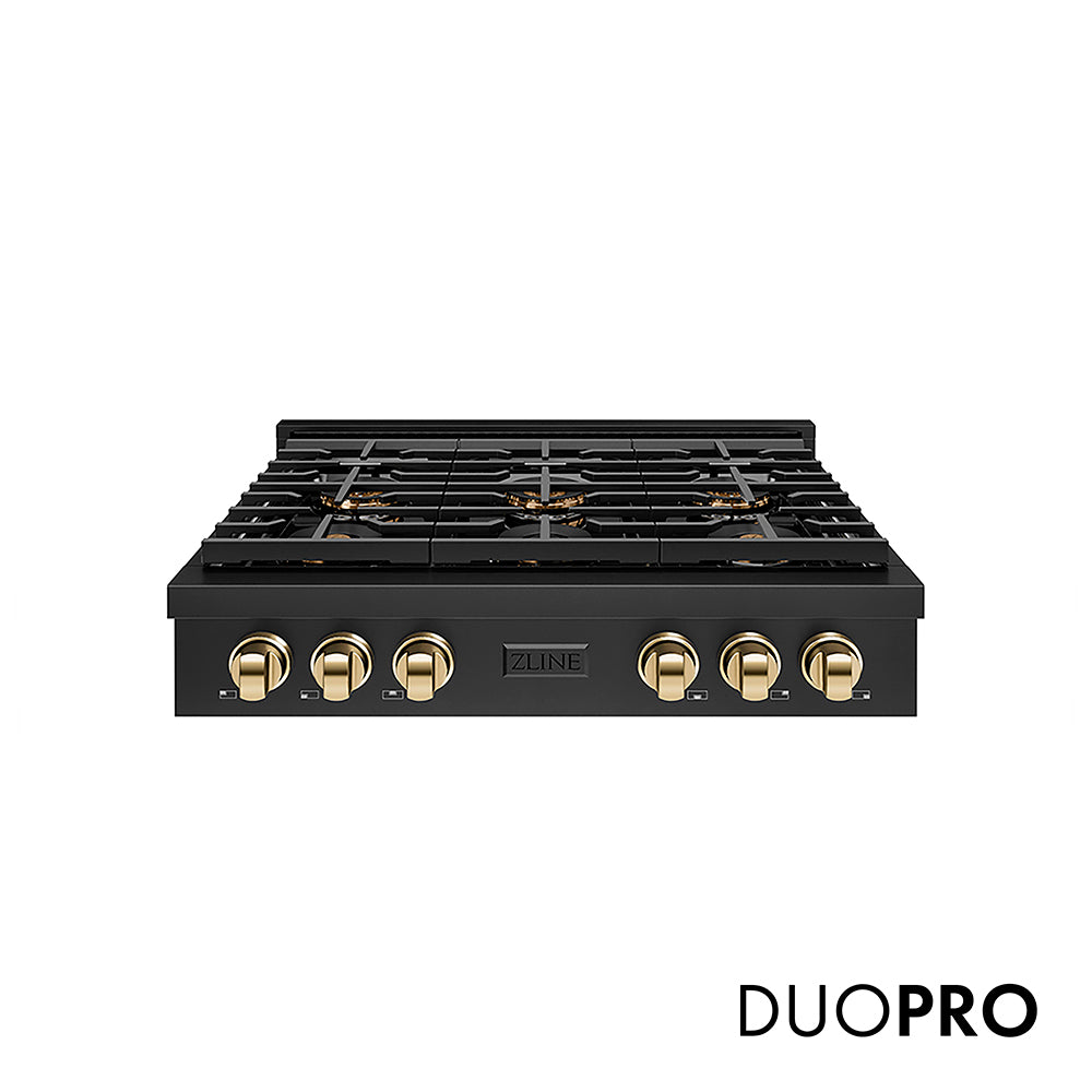 ZLINE Autograph Edition 36 in. Paramount Gas Rangetop with 6 Burner DuoPro™ Cooktop in Black Stainless Steel and Polished Gold Accents (PSRTBZ-36-G)