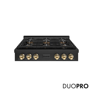 ZLINE Autograph Edition 36 in. Paramount Gas Rangetop with 6 Burner DuoPro™ Cooktop in Black Stainless Steel and Polished Gold Accents (PSRTBZ-36-G)