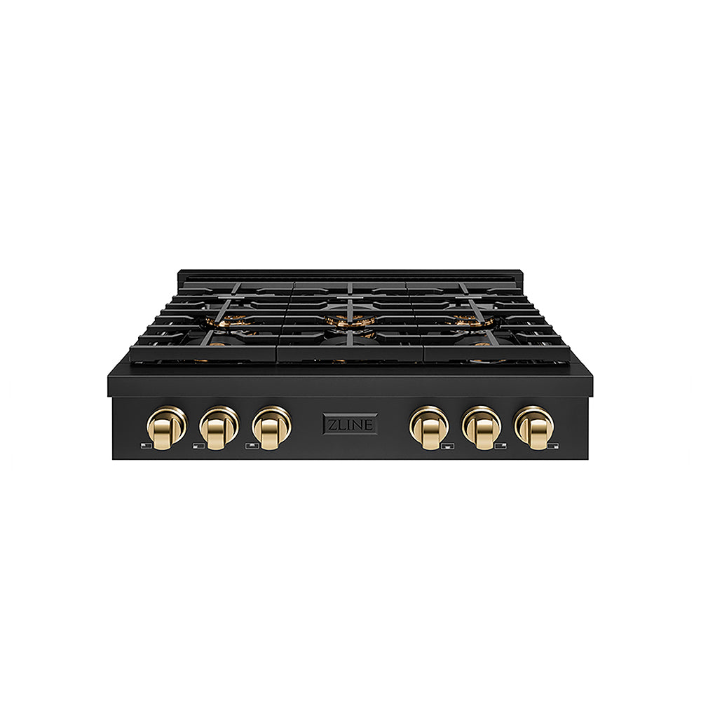 ZLINE Autograph Edition 36 in. Paramount Gas Rangetop with 6 Burner DuoPro™ Cooktop in Black Stainless Steel and Polished Gold Accents (PSRTBZ-36-G)