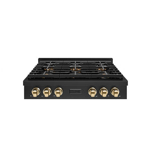 ZLINE Autograph Edition 36 in. Paramount Gas Rangetop with 6 Burner DuoPro™ Cooktop in Black Stainless Steel and Polished Gold Accents (PSRTBZ-36-G)