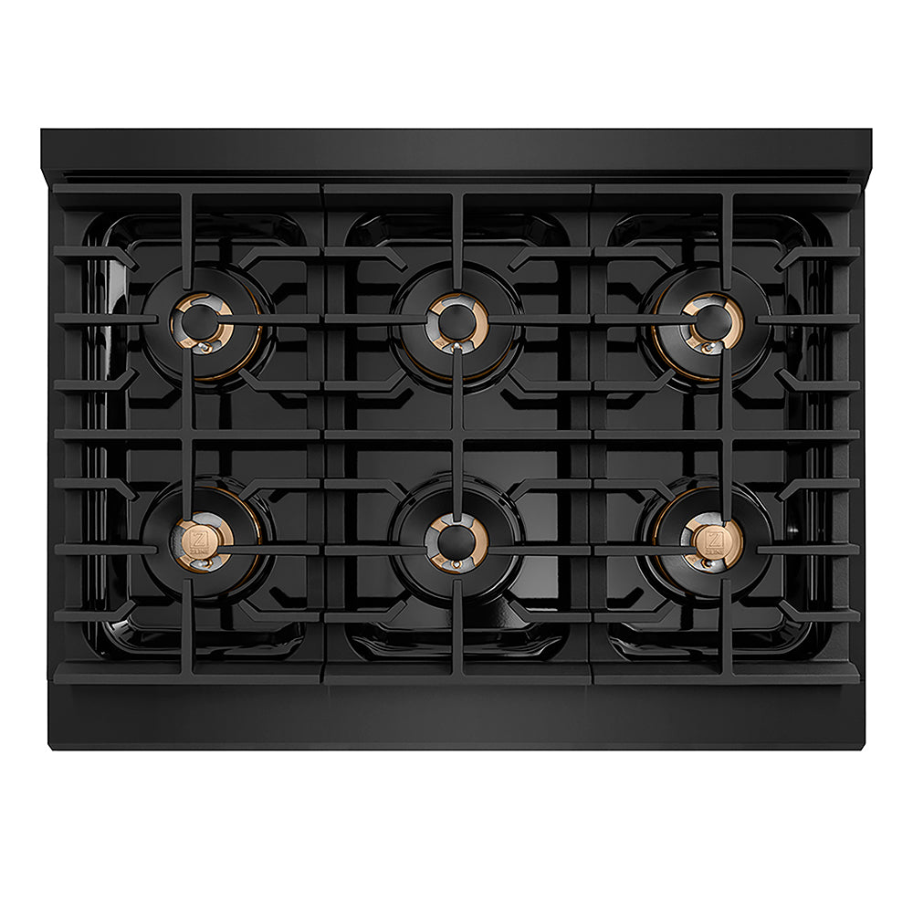 ZLINE Autograph Edition 36 in. Paramount Gas Rangetop with 6 Burner DuoPro™ Cooktop in Black Stainless Steel and Polished Gold Accents (PSRTBZ-36-G)