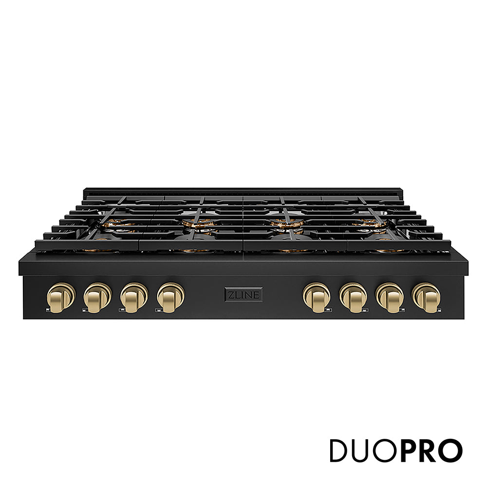 ZLINE Autograph Edition 48 in. Paramount Gas Rangetop with 8 Burner DuoPro™ Cooktop in Black Stainless Steel and Champagne Bronze Accents (PSRTBZ-48-CB)