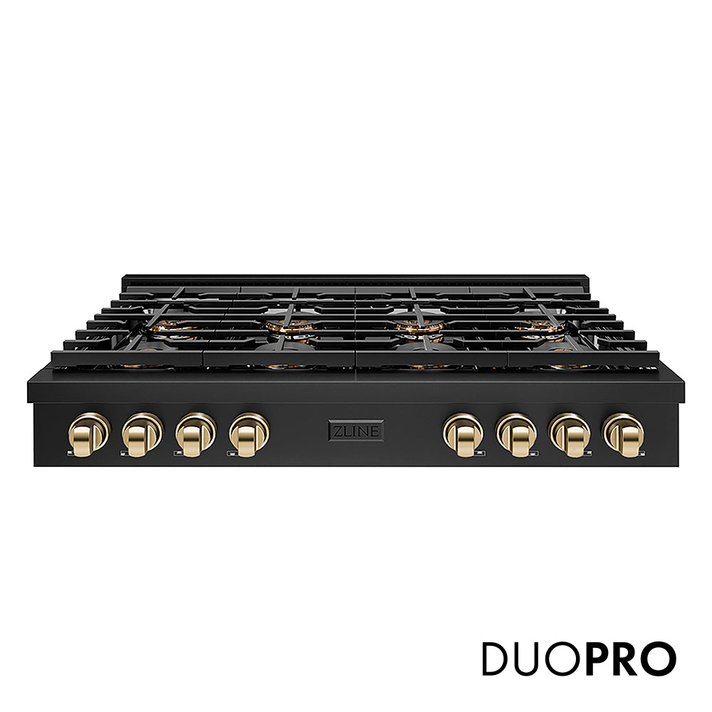 ZLINE Autograph Edition 48 in. Paramount Gas Rangetop with 8 Burner DuoPro™ Cooktop in Black Stainless Steel and Polished Gold Accents (PSRTBZ-48-G)