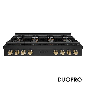 ZLINE Autograph Edition 48 in. Paramount Gas Rangetop with 8 Burner DuoPro™ Cooktop in Black Stainless Steel and Polished Gold Accents (PSRTBZ-48-G)