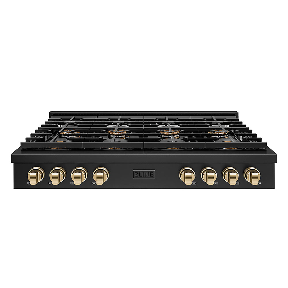 ZLINE Autograph Edition 48 in. Paramount Gas Rangetop with 8 Burner DuoPro™ Cooktop in Black Stainless Steel and Polished Gold Accents (PSRTBZ-48-G)