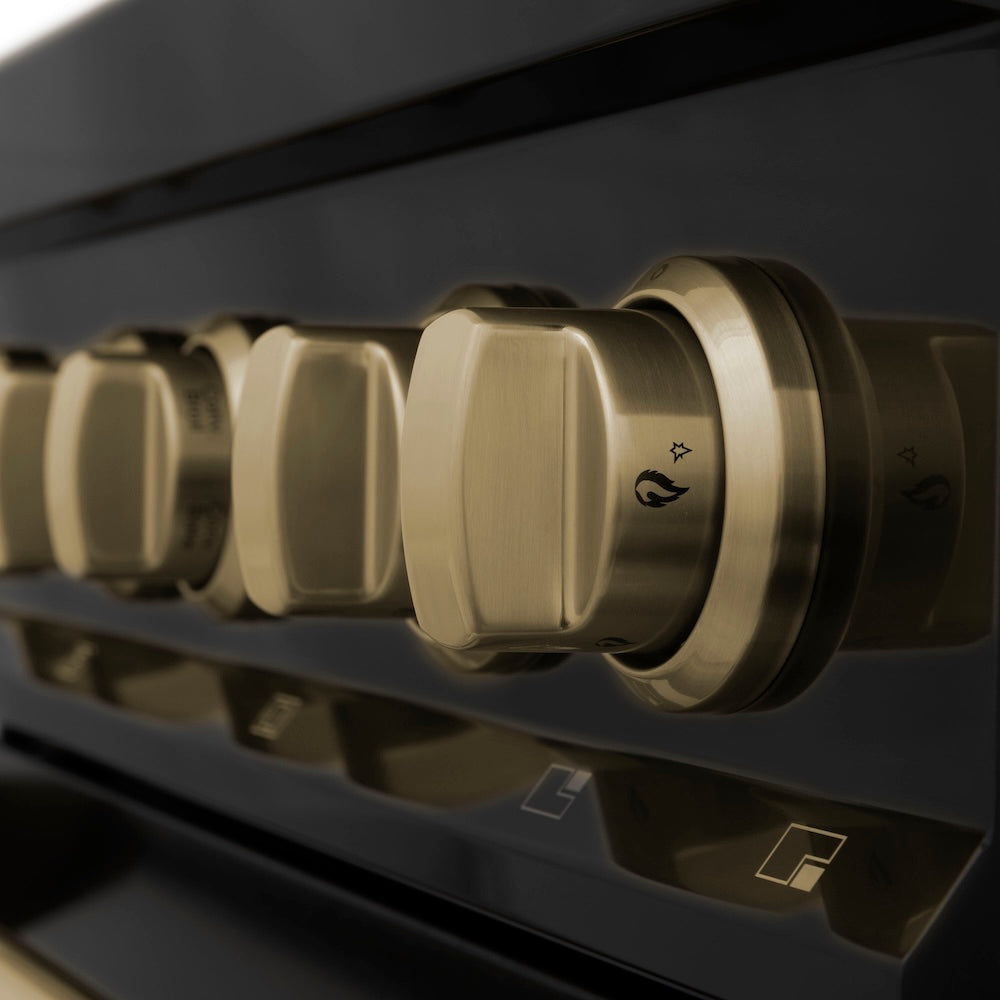 ZLINE Autograph Edition 36 in. 4.6 cu. ft. Legacy Dual Fuel Range with 6 Burner Gas Cooktop and Electric Convection Oven in Black Stainless Steel and Champagne Bronze Accents (RABZ-36-CB) close-up of cooktop and oven knobs.