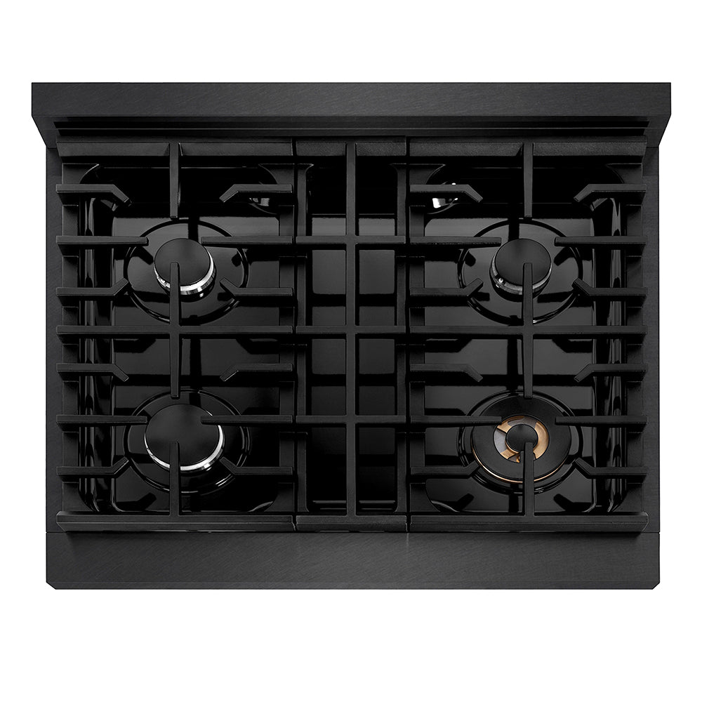 ZLINE 30 in. 4.2 cu. ft. Paramount Dual Fuel Range with 4 Burner Gas Cooktop and Electric Convection Oven in Black Satin Stainless Steel (SDRBS-30) top-down, above cooktop.