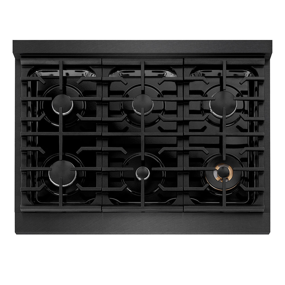 ZLINE 36 in. 5.2 cu. ft. Paramount Dual Fuel Range with 6 Burner Gas Cooktop and Electric Convection Oven in Black Satin Stainless Steel (SDRBS-36) top-down, above cooktop.