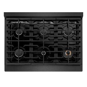 ZLINE 36 in. 5.2 cu. ft. Paramount Dual Fuel Range with 6 Burner Gas Cooktop and Electric Convection Oven in Black Satin Stainless Steel (SDRBS-36) top-down, above cooktop.