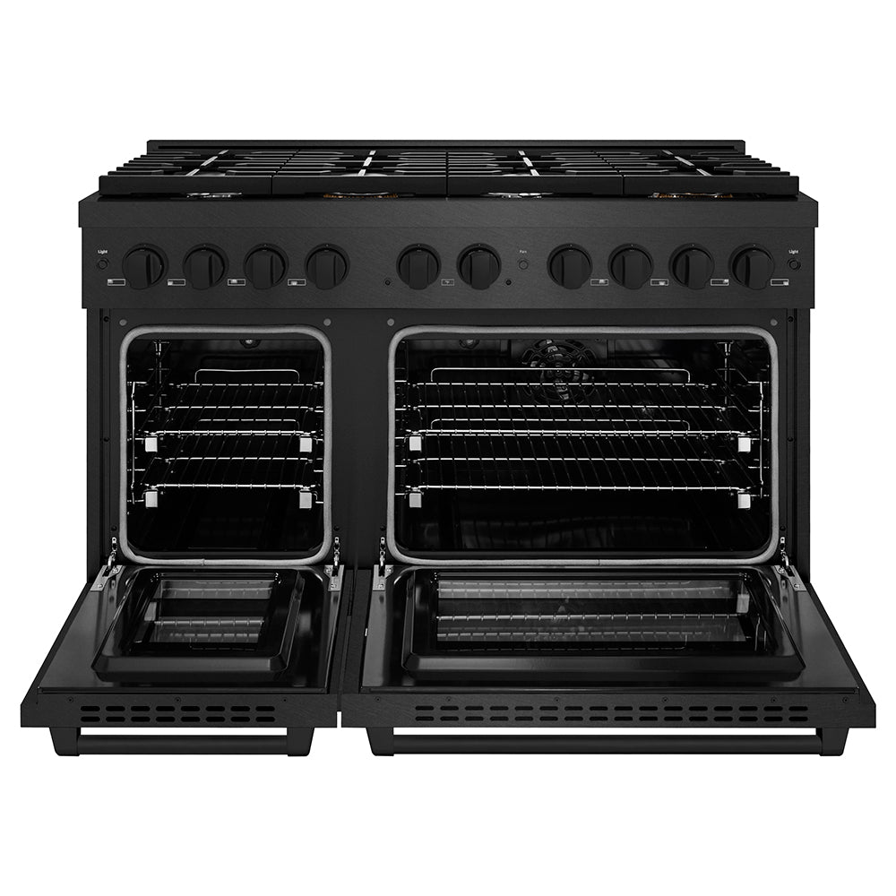 ZLINE 48 in. 6.7 cu. ft. Paramount Double Oven Dual Fuel Range with 8 Burner Gas Cooktop in Black Satin Stainless Steel (SDRBS-48) front, oven open.