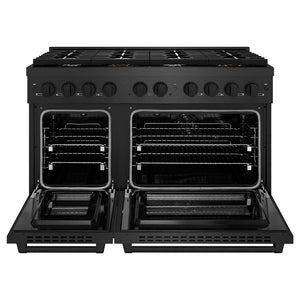ZLINE 48 in. 6.7 cu. ft. Paramount Double Oven Dual Fuel Range with 8 Burner Gas Cooktop in Black Satin Stainless Steel (SDRBS-48) front, oven open.