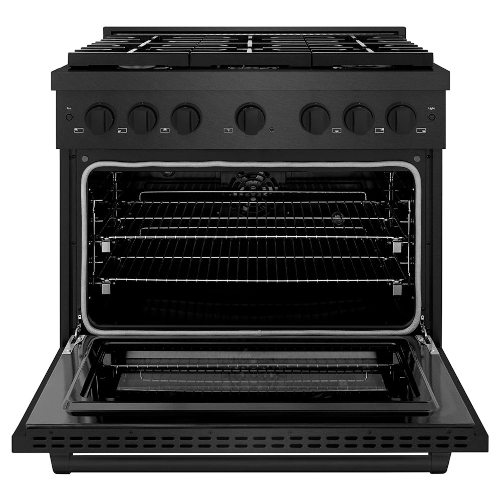 ZLINE 36 in. 5.2 cu. ft. Paramount Dual Fuel Range with Gas Cooktop and Electric Convection Oven in Black Satin Stainless Steel with 6 Brass Burners (SDRBS-BR-36) front, oven open.
