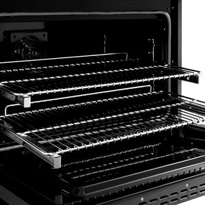 ZLINE 36 in. 5.2 cu. ft. Paramount Dual Fuel Range with Gas Cooktop and Electric Convection Oven in Black Satin Stainless Steel with 6 Brass Burners (SDRBS-BR-36) oven open with racks extended, showing interior design and structure.