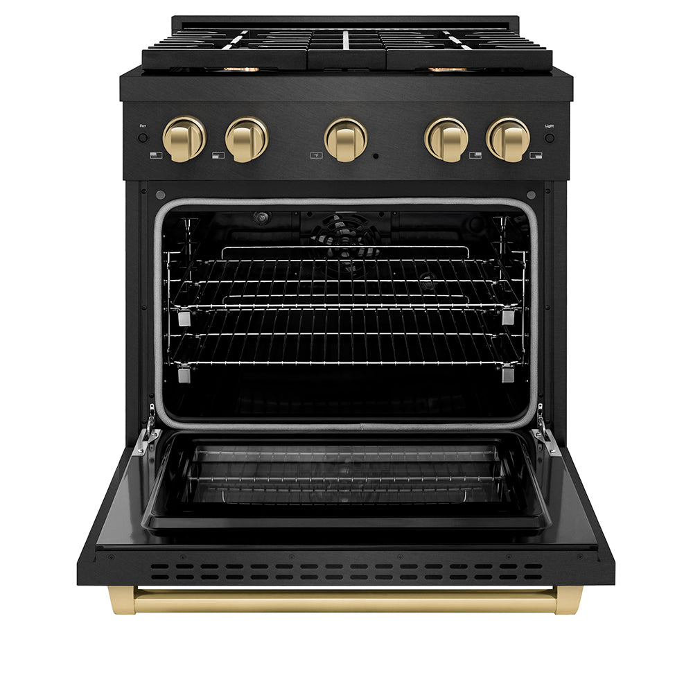 ZLINE Autograph Edition 30 in. 4.2 cu. ft. Paramount Dual Fuel Range with 4 Burner Gas Cooktop and Electric Convection Oven in Black Satin Stainless Steel with Champagne Bronze Accents (SDRBSZ-30-CB) front, oven open.