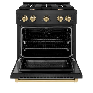ZLINE Autograph Edition 30 in. 4.2 cu. ft. Paramount Dual Fuel Range with 4 Burner Gas Cooktop and Electric Convection Oven in Black Satin Stainless Steel with Champagne Bronze Accents (SDRBSZ-30-CB) front, oven open.