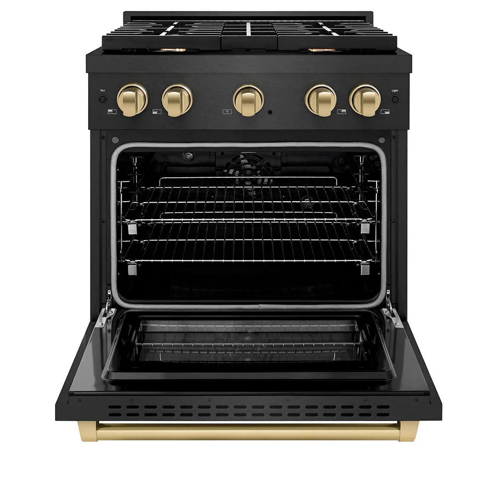 ZLINE Autograph Edition 30 in. 4.2 cu. ft. Paramount Dual Fuel Range with 4 Burner Gas Cooktop and Electric Convection Oven in Black Satin Stainless Steel with Champagne Bronze Accents (SDRBSZ-30-CB) front, oven open.