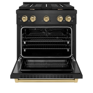 ZLINE Autograph Edition 30 in. 4.2 cu. ft. Paramount Dual Fuel Range with 4 Burner Gas Cooktop and Electric Convection Oven in Black Satin Stainless Steel with Champagne Bronze Accents (SDRBSZ-30-CB) front, oven open.